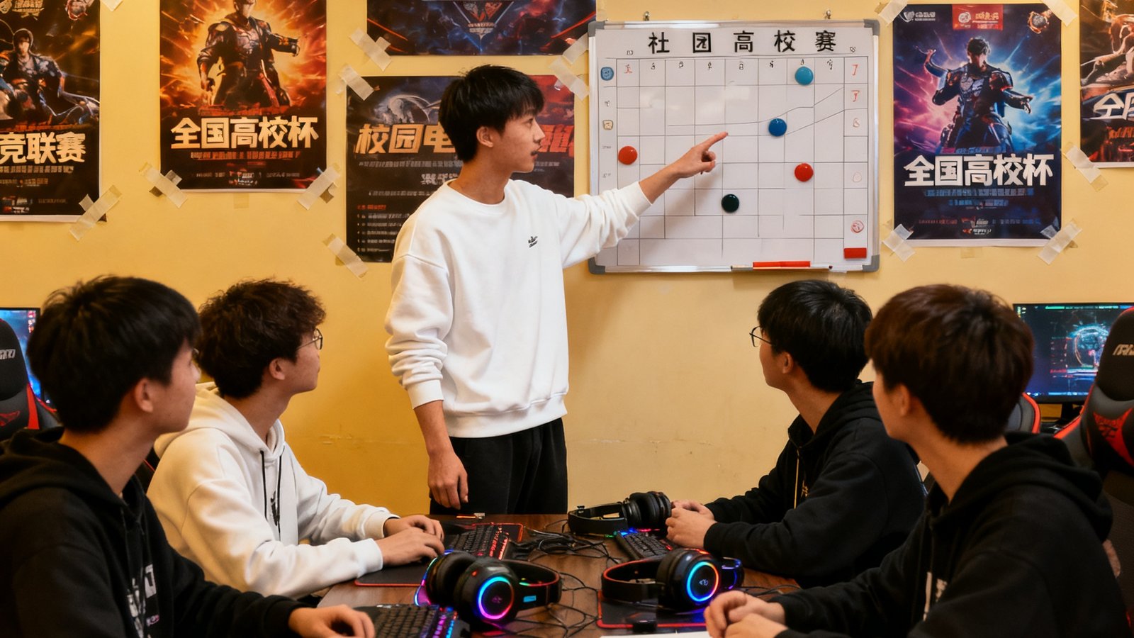 一篇校园电竞社团社长人物专访的配图，展示一位大学生社长在社团活动室中与队员们讨论战术的场景，墙上贴满赛事海报。