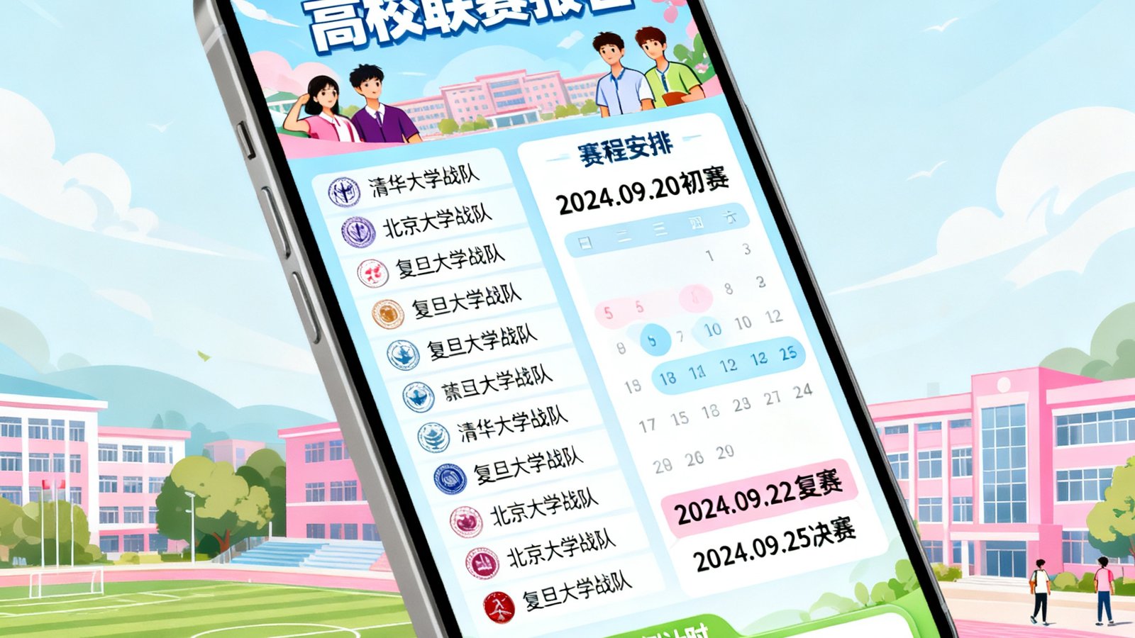 雷竞技APP内高校联赛报名专区界面，展示多所大学战队列表、赛程安排日历以及报名倒计时模块，背景为校园风格插画。